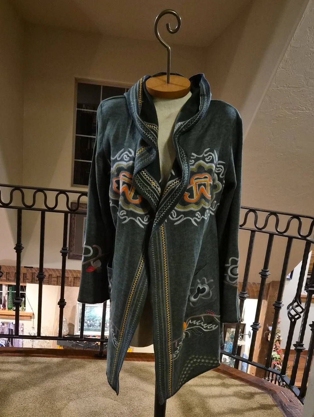 Soft Surroundings Teal Embroidered Open-Front Hooded Cardigan